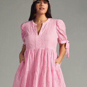 Plus Size 1X Pink & White Gingham ENGLISH FACTORY Short Sleeve Maxi Dress NEW